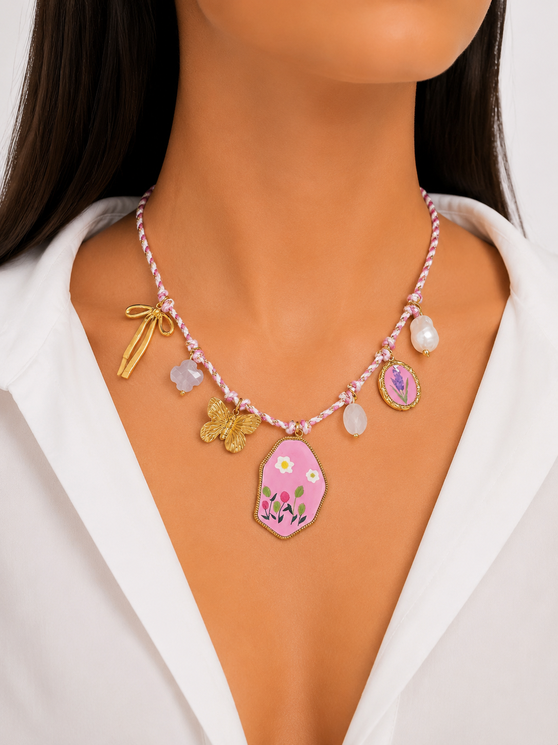 Collana Tulipano Pink cordoncino intrecciato multi-charm